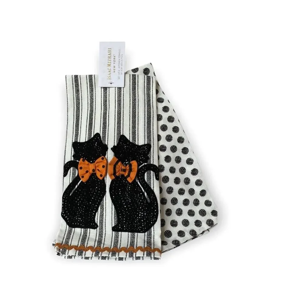 NWT Isaac Mizrahi Halloween Black Cats Kittens & Bows Stripes Kitchen Towel Set